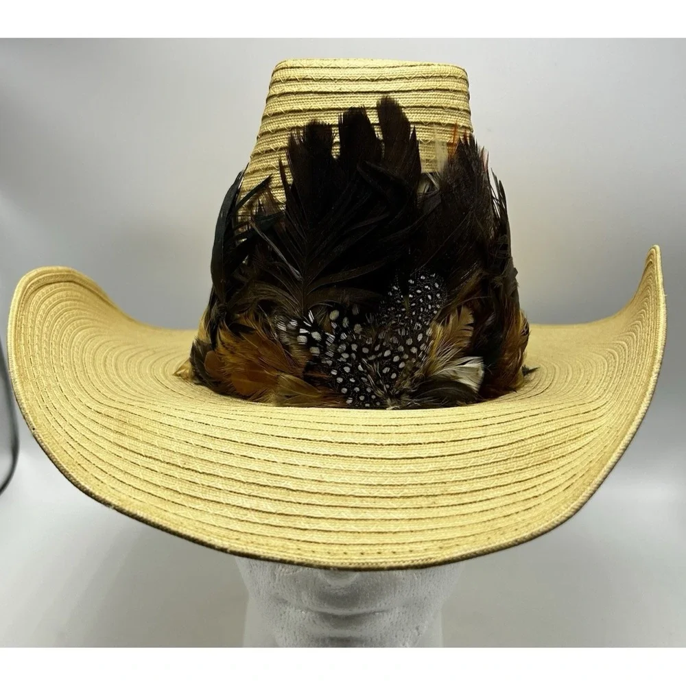Straw Cowboy Hat Laredo Texas Western Beige Feather Hat Band Mens Womens 6 7/8